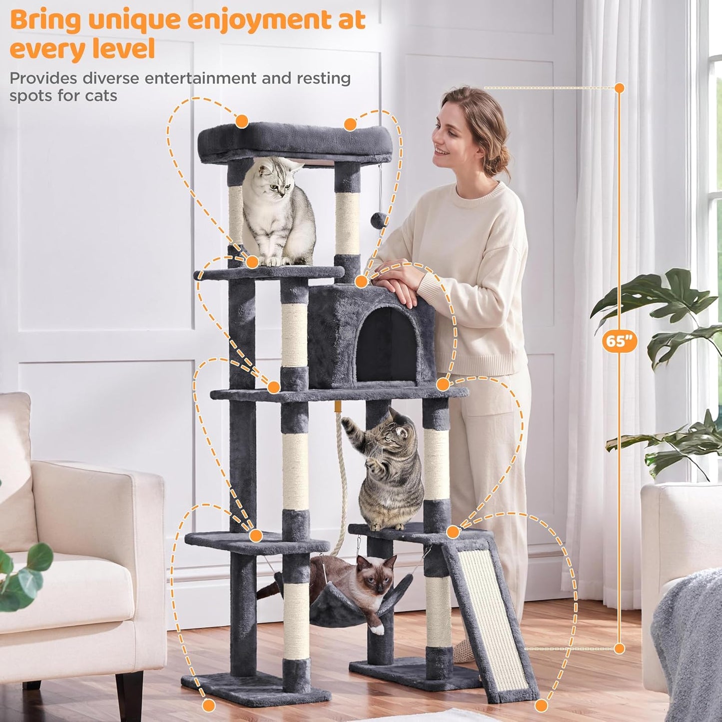 Yaheetech 63In Large Cat Tree for Heavy Cats up to 22Lbs, Anti-Wobble Tower with Condo & Hammock, Space-Saving for Indoor Multi-Pet Households, Stops Furniture Scratching